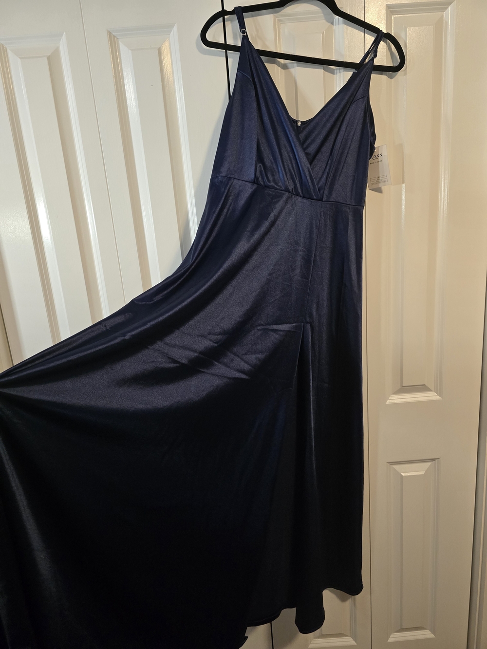 Navy Satin A-Line Maxi Dress with V-Neck